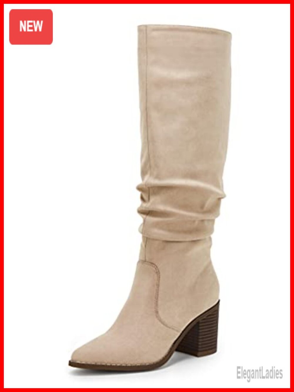 Womens Pointed Toe Mid Chunky Heel Side Zipper Knee High Faux Suede Boots